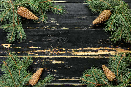 Green fir branches with cones on wooden background