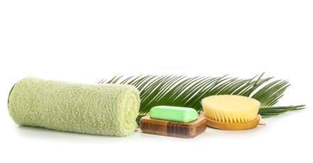 Set of accessories for bath and personal hygiene on white background
