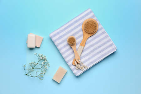 Set of bath accessories on color backgroundの写真素材