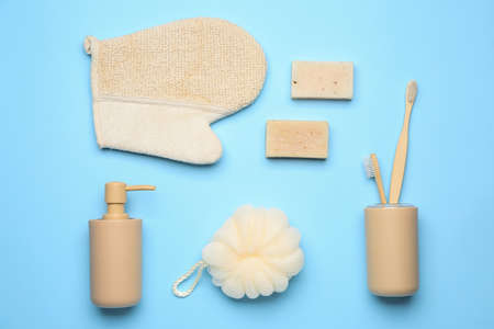 Set of bath accessories on color backgroundの写真素材