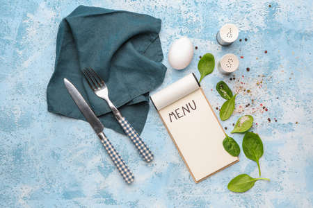 Blank menu, cutlery and spices on color backgroundの写真素材