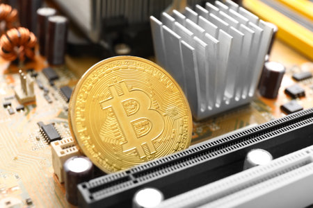Golden bitcoin on PC circuit boardの写真素材