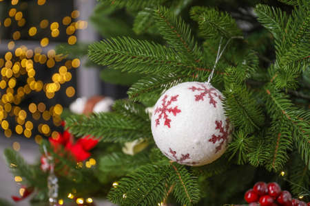 Beautiful decorated Christmas tree, closeupの写真素材