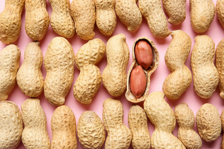 Tasty peanuts on color backgroundの写真素材