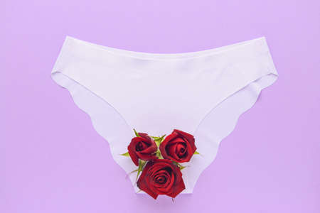 Female panties with red flowers on color background. Menstruation conceptの写真素材