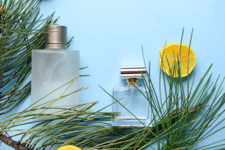 Bottles of different perfumes with pine tree branches and lemon on color backgroundの写真素材