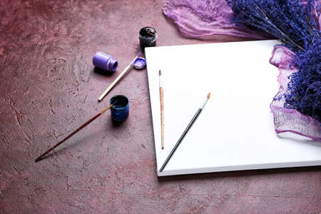 Set of artist's supplies on color backgroundの写真素材
