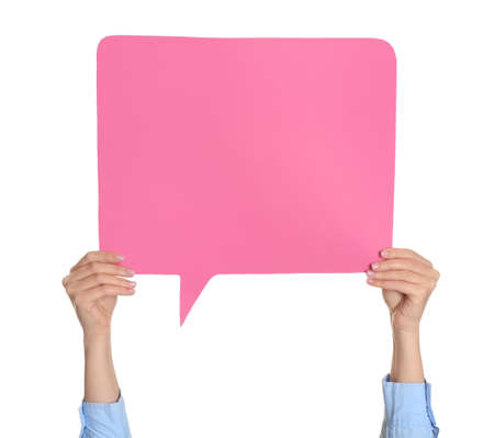 Female hands with blank speech bubble on white backgroundの写真素材