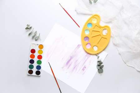 Set of artist's supplies on white backgroundの写真素材