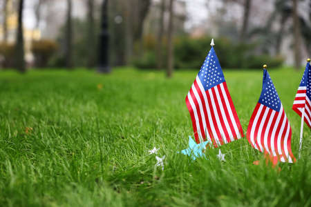 USA flags and stars outdoors. Memorial day celebrationの写真素材