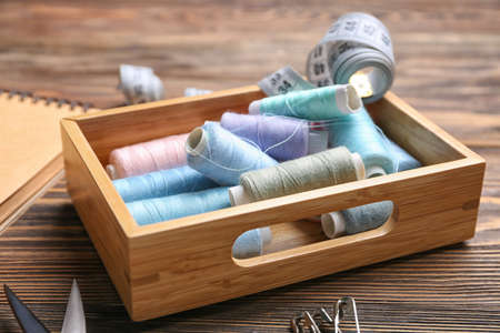 Set of tailor's supplies on tableの写真素材