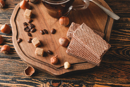 Tasty chocolate waffles with hazelnuts and coffee on wooden tableの写真素材