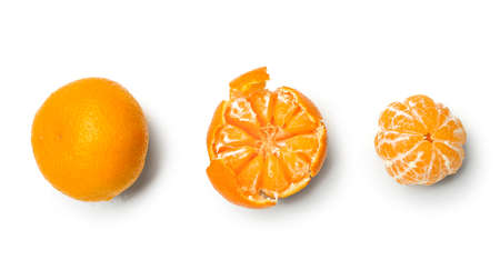 Ripe tasty tangerines on white backgroundの写真素材