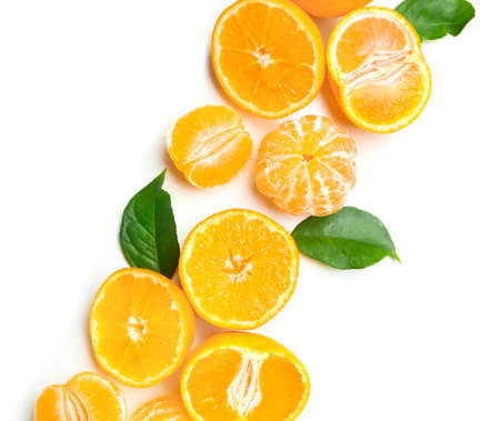 Ripe tasty tangerines on white backgroundの写真素材