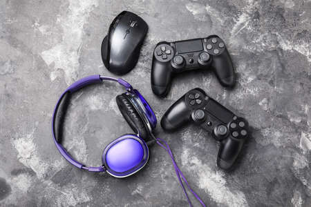 Modern gaming accessories on gray backgroundの写真素材