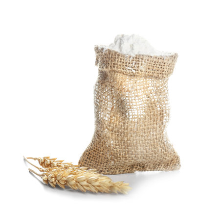 Bag with flour on white backgroundの写真素材