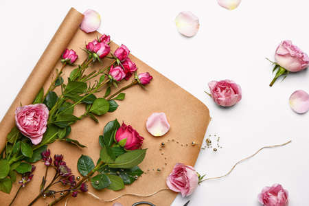 Beautiful fresh flowers on white backgroundの写真素材