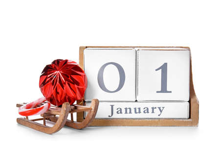 Calendar with date of New Year on white background
