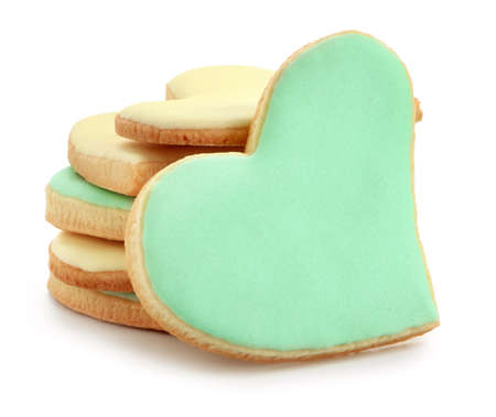Heart shaped cookies for Valentine's day on white backgroundの写真素材