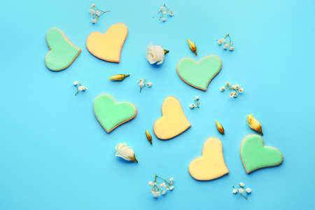Composition with heart shaped cookies for Valentine's day on color backgroundの写真素材