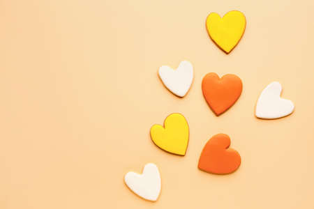 Heart shaped cookies for Valentine's day on color backgroundの写真素材