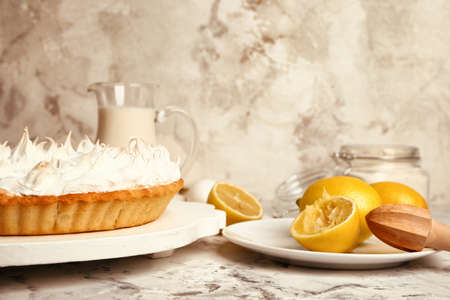 Tasty lemon pie on white tableの写真素材