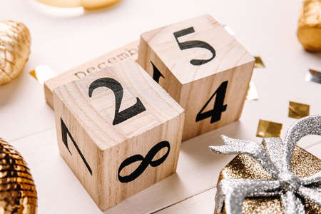 Christmas decor and calendar on wooden backgroundの写真素材