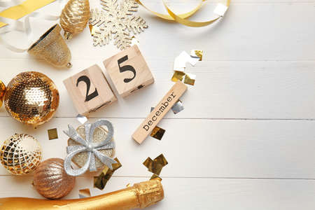 Christmas decor and calendar on wooden backgroundの写真素材