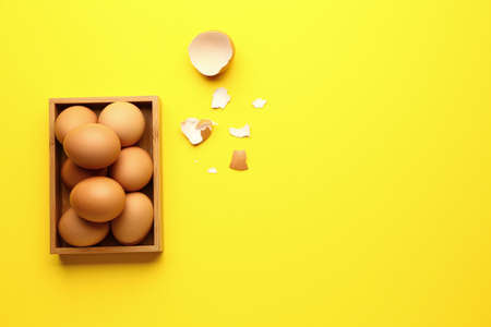 Tray with fresh eggs on color background