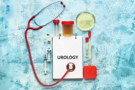 Notebook with text UROLOGY, stethoscope, medicines and urine sample on color backgroundの写真素材