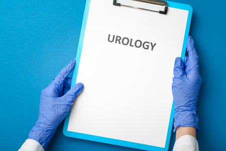 Hands of urologist with clipboard on color backgroundの写真素材