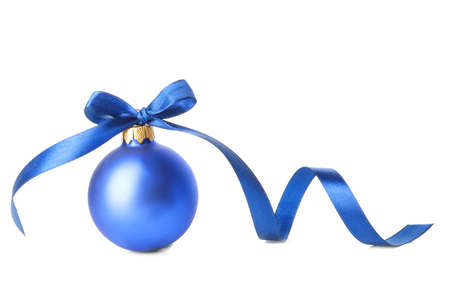 Beautiful Christmas ball with ribbon on white backgroundの写真素材