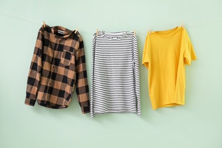 Clean clothes hanging on rope against color background