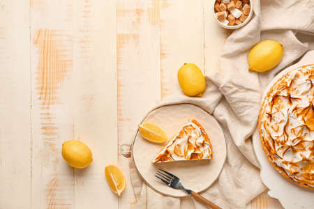 Tasty lemon pie on wooden tableの写真素材