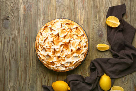 Tasty lemon pie on wooden tableの写真素材