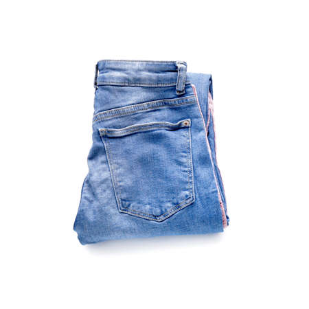 Stylish jeans pants on white backgroundの写真素材