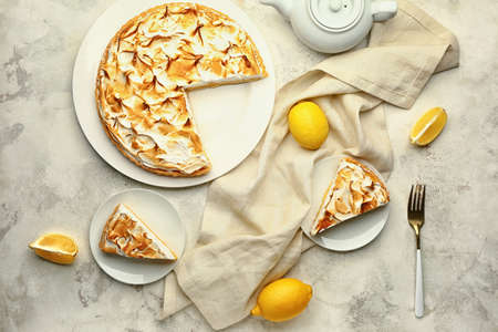 Tasty lemon pie on gray backgroundの写真素材
