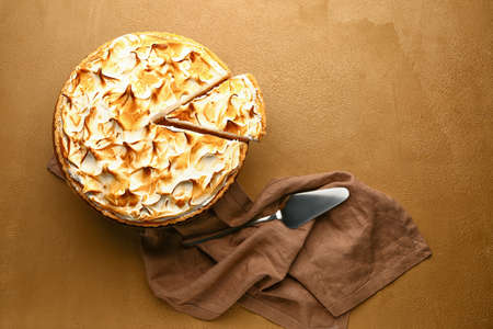Tasty pie on color background