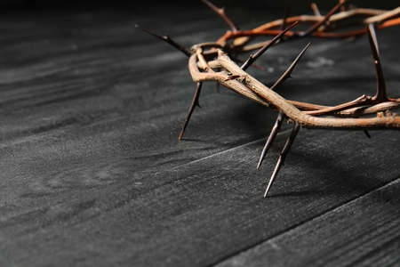 Wreath of thornes on dark wooden background, closeup