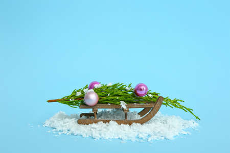 Sledges, snow and fir branch with Christmas decor on color background
