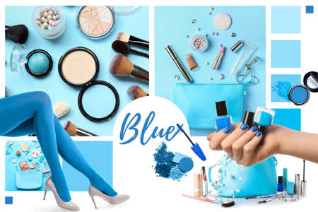 Beautiful collage of makeup cosmetics in blue colorsの写真素材