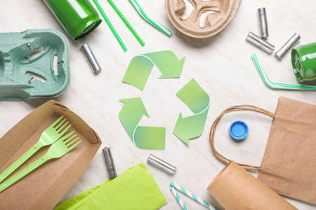 Different garbage on light background. Recycling conceptの写真素材