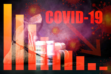 Bag and money with barbed wire on dark background. Concept of financial crisis due to coronavirus...