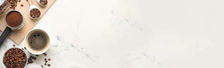 Composition of hot coffee and beans on white background with space for textの写真素材