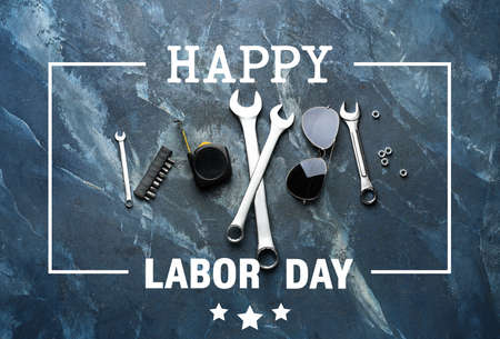 Set of tools on color background. Labor Day celebrationの写真素材