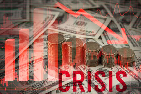 Many coins and dollar banknotes. Concept of financial crisis