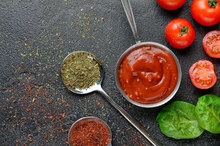 Composition with tasty barbecue sauce on tableの写真素材