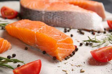 Fresh raw salmon on table, closeupの写真素材