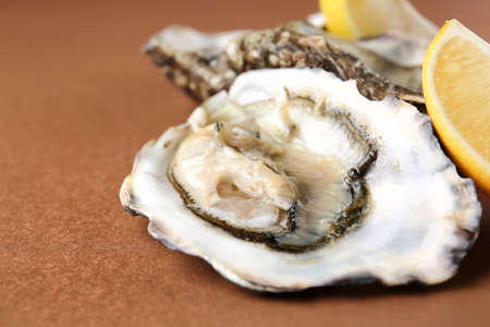 Tasty oysters with lemon on color background, closeupの写真素材