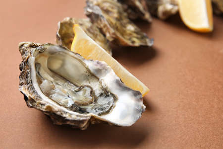 Tasty oysters with lemon on color background, closeup